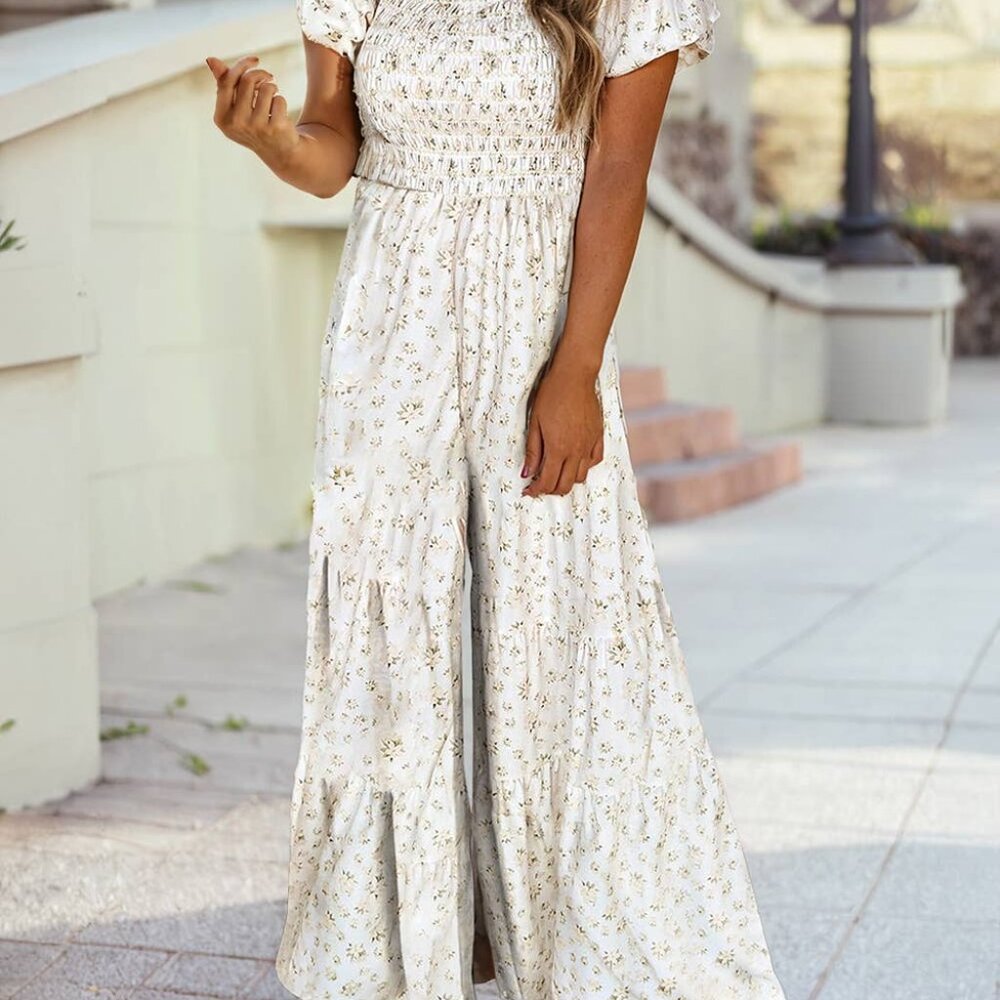 Boho Floral Smocked Wide Leg Short Puff Sleeve Jumpsuit